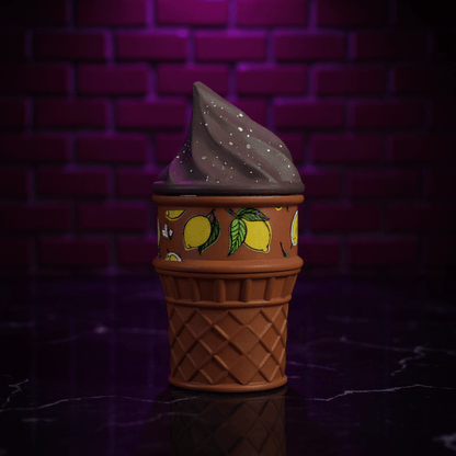 PlayCone Ice Cream herb grinder.  chocolate herb grinder with swirl top and lemon fruit design.