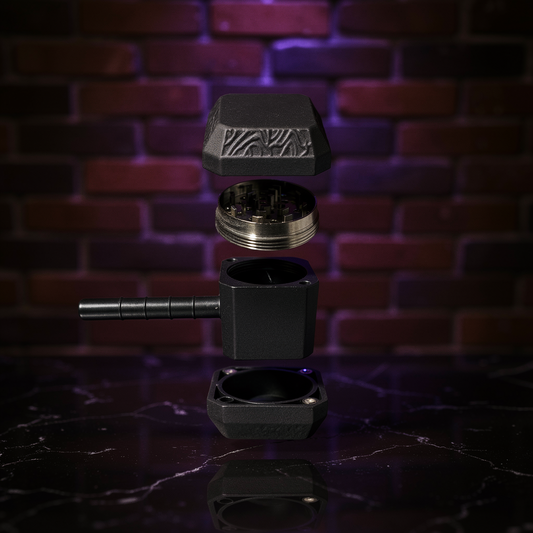 A black metal vape device shown disassembled into its individual parts, floating vertically against a dark brick wall background with purple lighting.