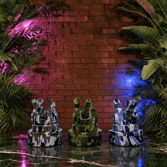 Aircraft Carrier Cannon Grinder & Pipe ComboTactical Operator Cannon Grinder & Pipe ComboThree grinder on a reflective surface with a brick wall and plants in the background.