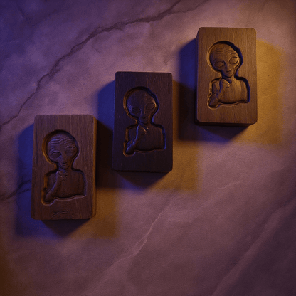 Alien Wooden Tobacco Box – Hand - Carved Secret Herb KeeperSet of three engraved wooden alien boxes in medium wood tones