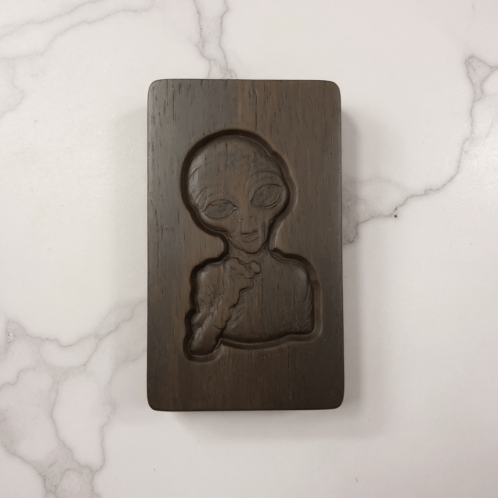 Alien Wooden Tobacco Box – Hand - Carved Secret Herb KeeperDark walnut stash box engraved with classic alien figure