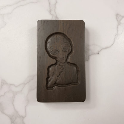 Alien Wooden Tobacco Box – Hand - Carved Secret Herb KeeperDark walnut stash box engraved with classic alien figure