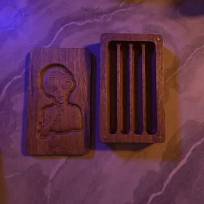 Alien Wooden Tobacco Box – Hand Carved Herb KeeperOpen alien wood stash box showing inside joint slots and magnetic closure