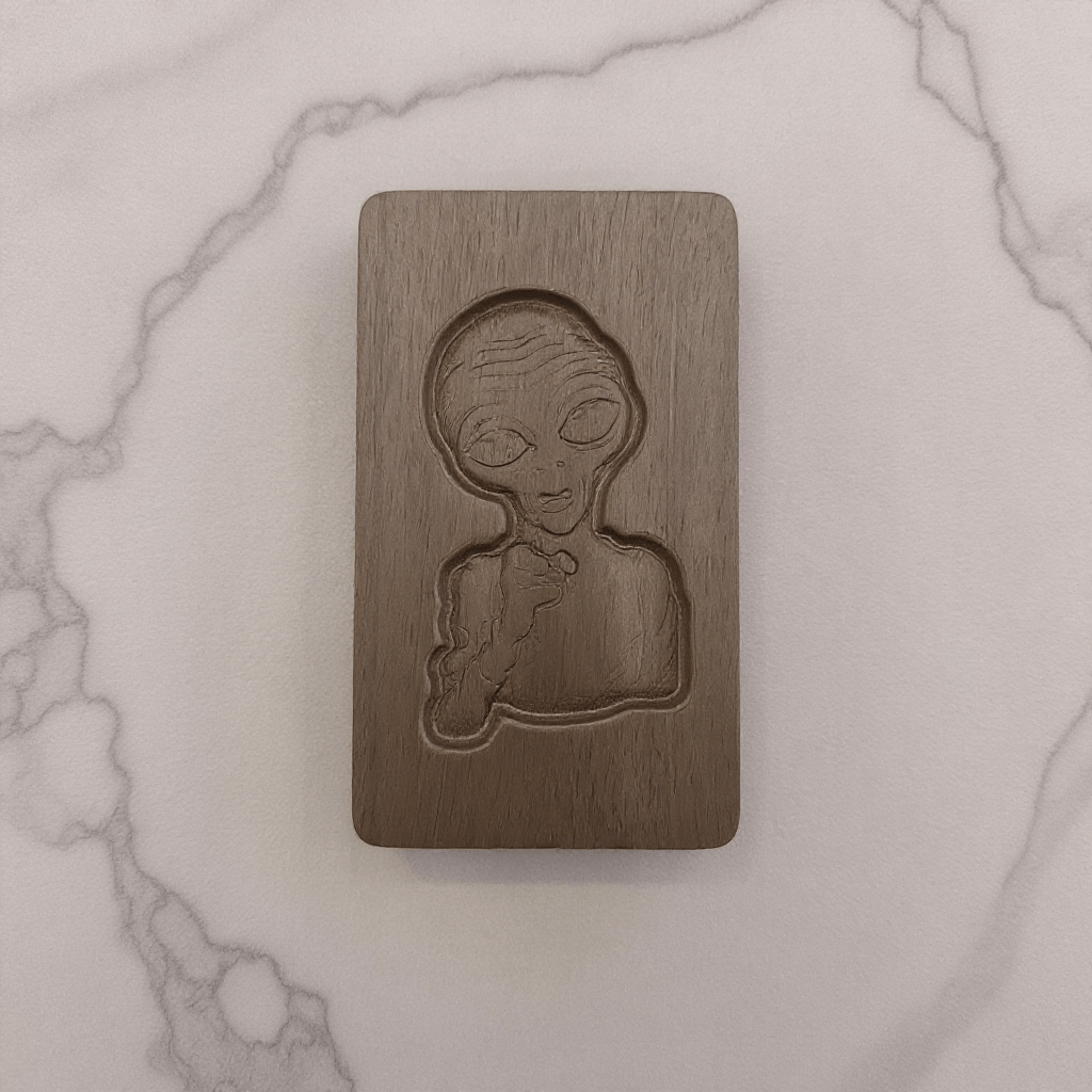 Alien Wooden Tobacco Box – Hand - Carved Secret Herb KeeperMedium brown wood box engraved with big - eyed alien design