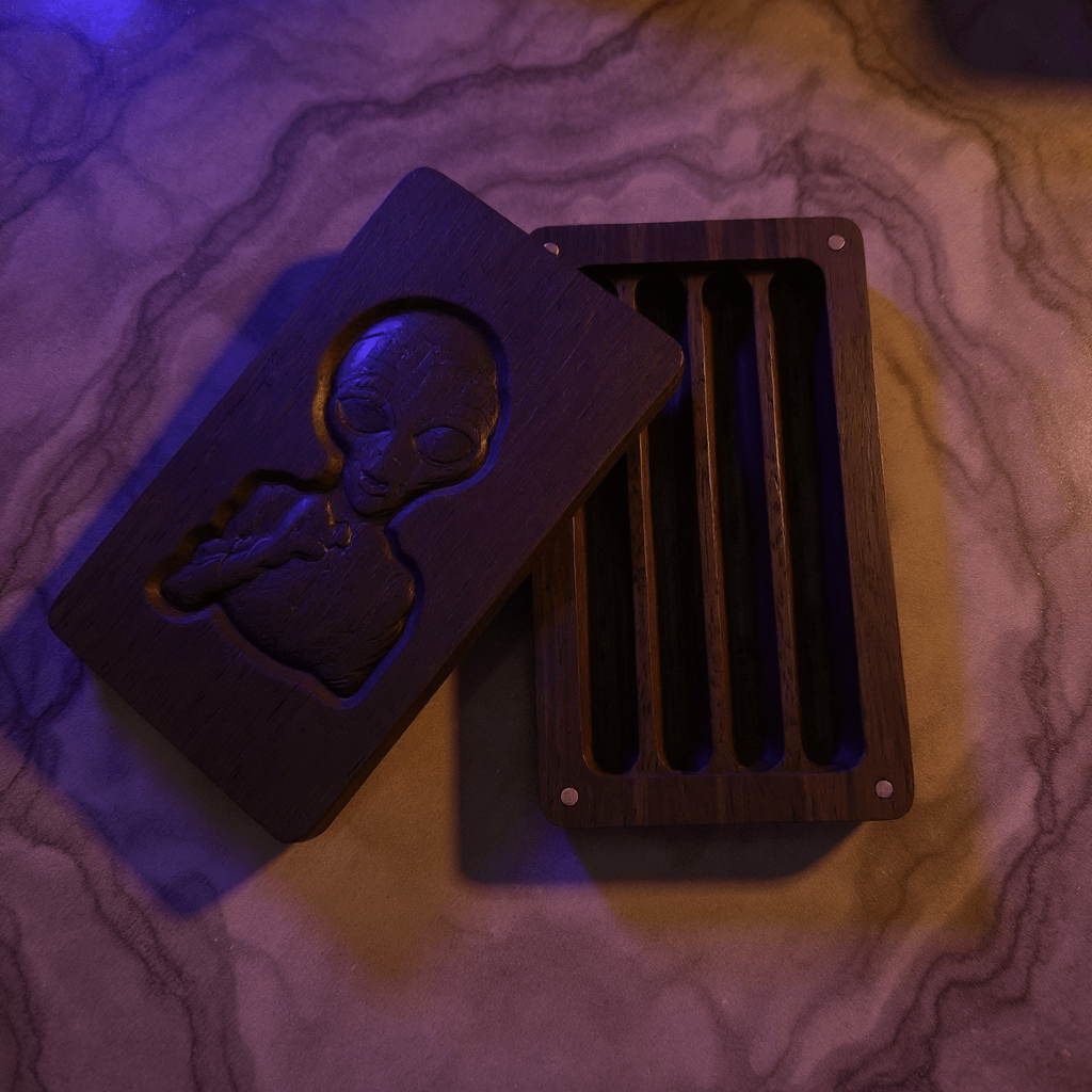 Alien Wooden Tobacco Box – Hand - Carved Secret Herb KeeperWooden alien stash box shown open, magnetic lid and carved