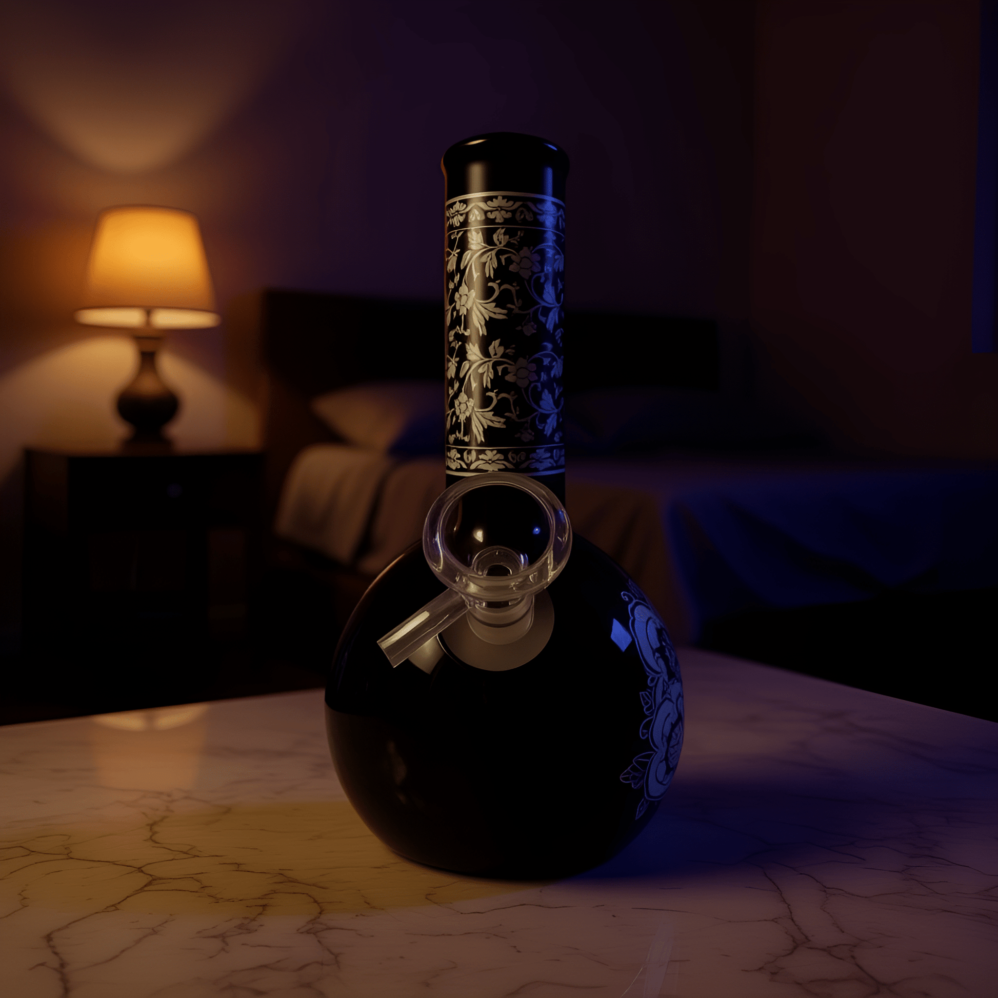Baroque Bloom Ceramic Bong – 8" Ornate Floral Water PipeCeramic bong with intricate blue floral pattern on a marble table