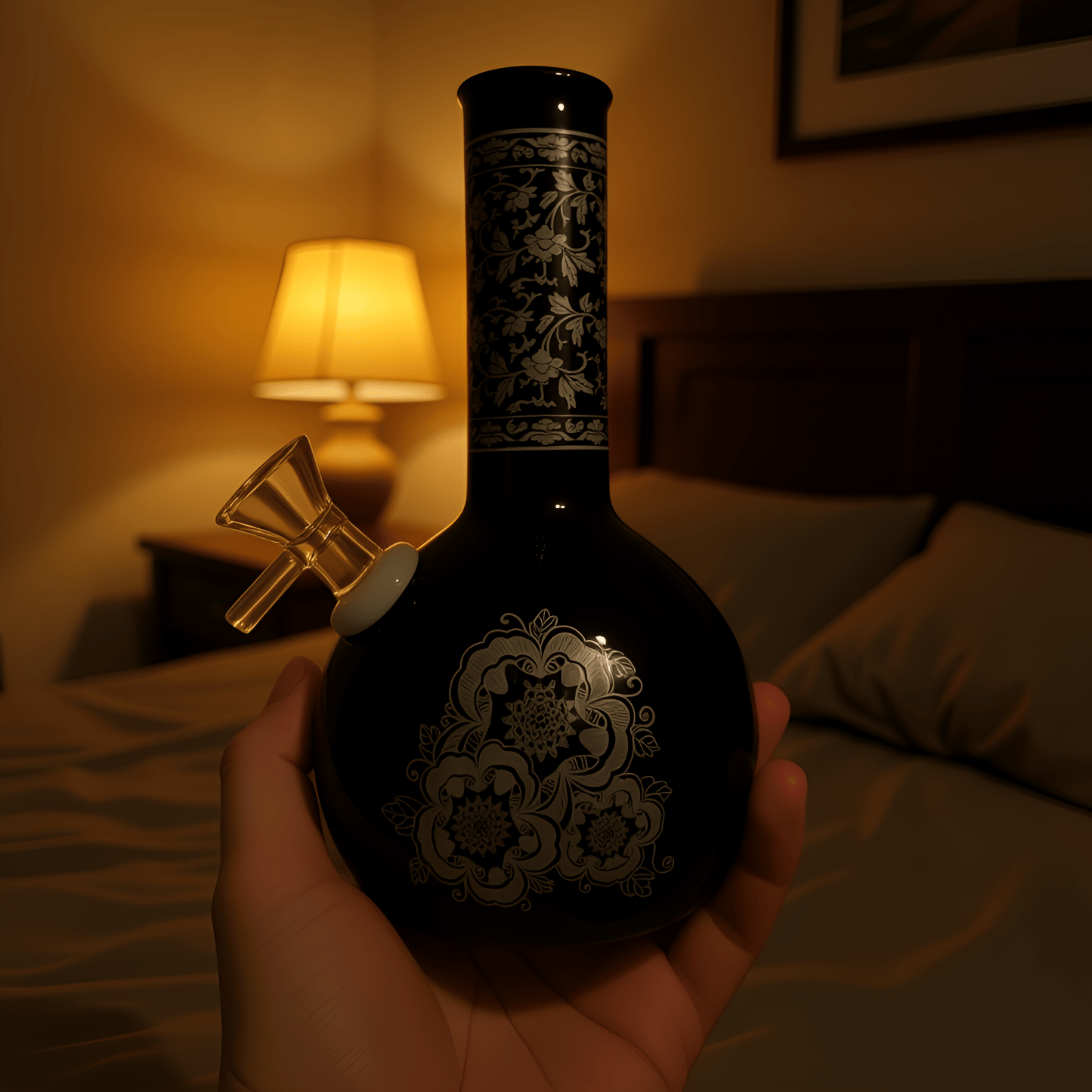 Baroque Bloom Ceramic Bong – 8" Ornate Floral Water PipeHand holding a traditional Chinese ceramic bong