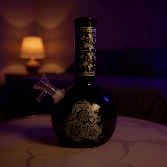 Baroque Bloom Ceramic Bong – 8" Ornate Floral Water PipeClose - up of a glossy ceramic bong with blue floral print