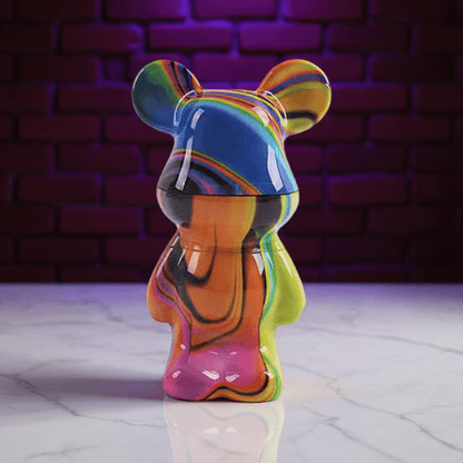 Bear Sculpture Herb Grinder - Colorful, abstract grinder resembling a bear with a brick wall background