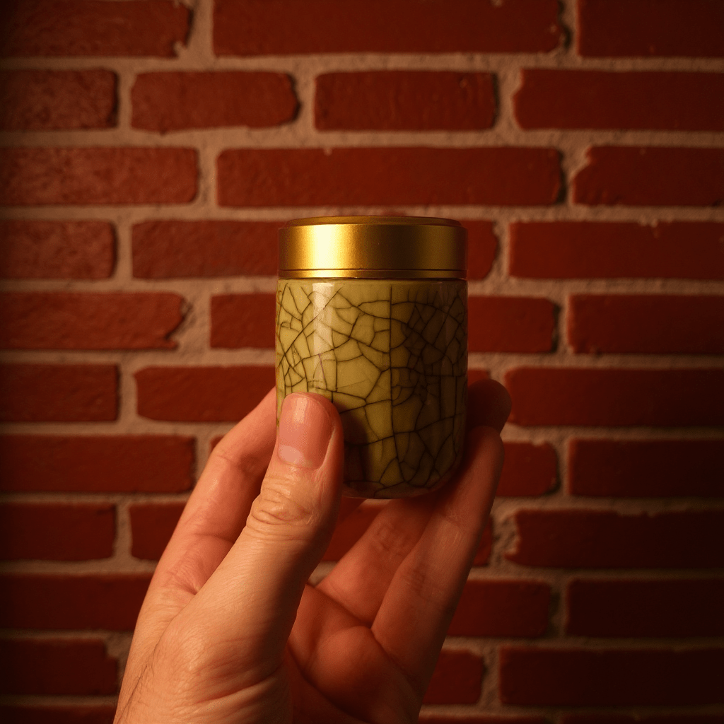 Hand holding a beige celadon porcelain container with a gold lid against a brick wall.