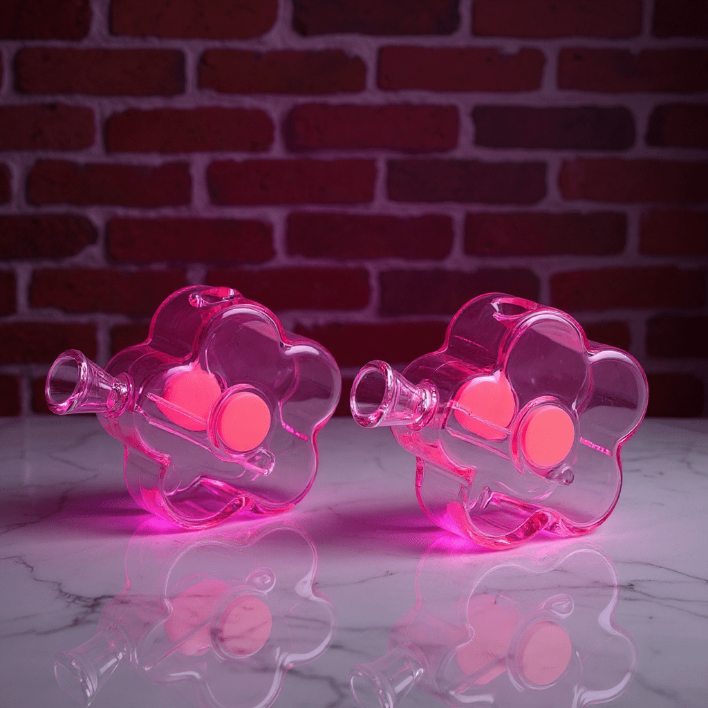 Bloom Puff Glass Bong - Cute bong for girlsBloom Puff Glass Water Pipe. Two flower - shaped clear glass pipes placed side by side on a dark wood surface