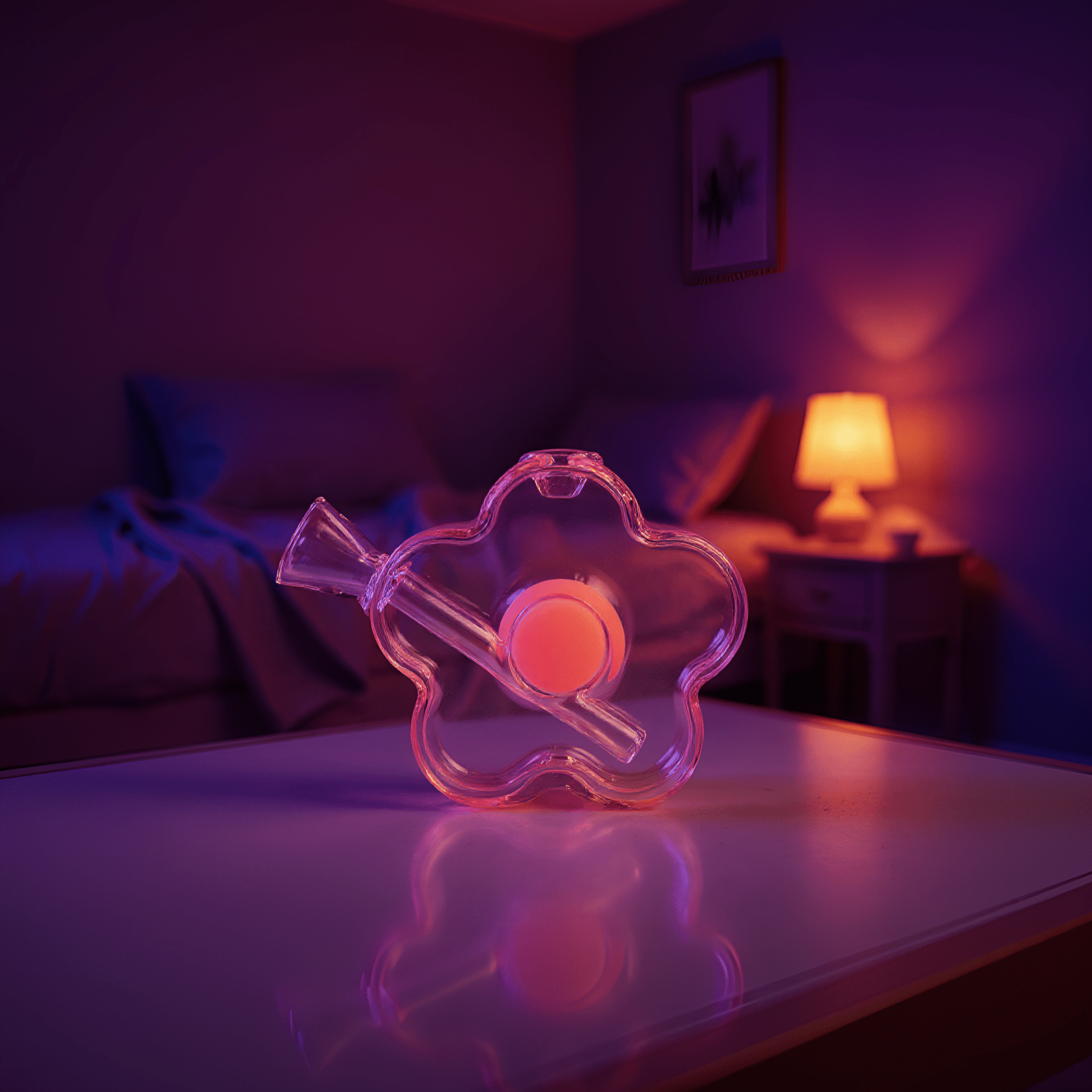 Bloom Puff Glass Water PipeFlower - shaped glass pipe standing upright on a wooden surface with warm ambient lighting