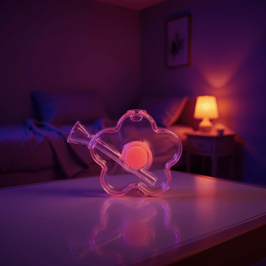 Bloom Puff Glass Water PipeFlower - shaped glass pipe standing upright on a wooden surface with warm ambient lighting