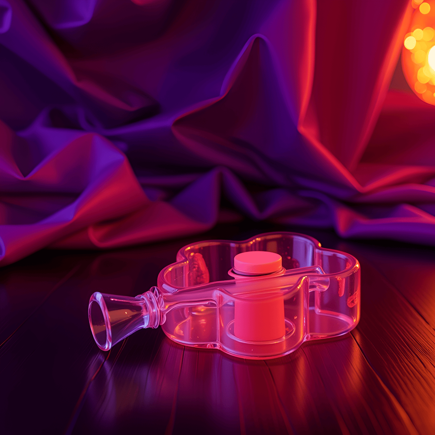 Bloom Puff Glass Water PipeGlass flower - shaped smoking pipe lying on textured wood with neon lighting reflection