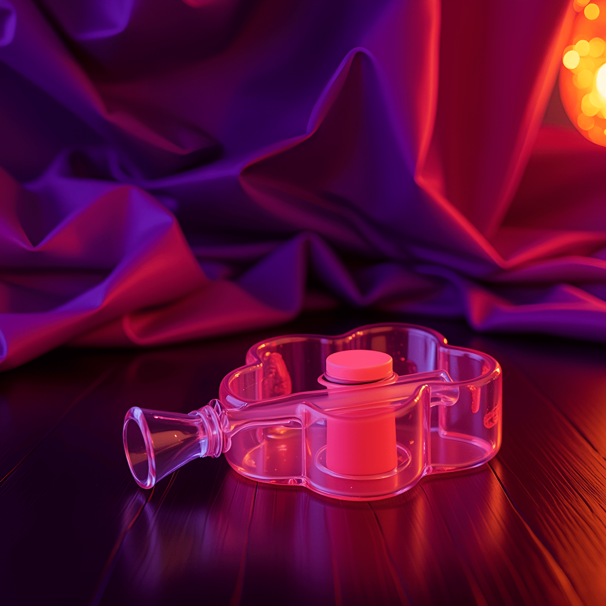 Bloom Puff Glass Water PipeGlass flower - shaped smoking pipe lying on textured wood with neon lighting reflection