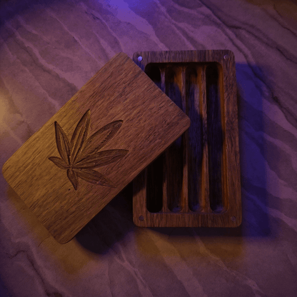 Cannabis Leaf Wooden Tobacco Box – Hand - Carved Herb Stash CaseOpen wooden stash box with carved cannabis leaf lid and four