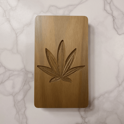 Cannabis Leaf Wooden Tobacco Box – Hand - Carved Herb Stash CaseLight wood box featuring cannabis leaf engraving