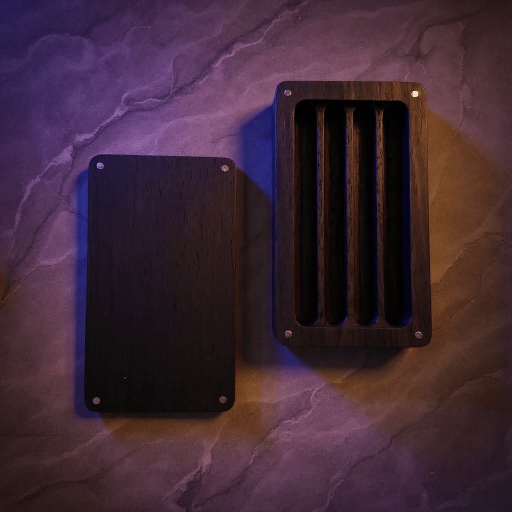 Cannabis Leaf Wooden Tobacco Box – Hand - Carved Herb Stash CaseDark wooden box lid and grooved tray set on