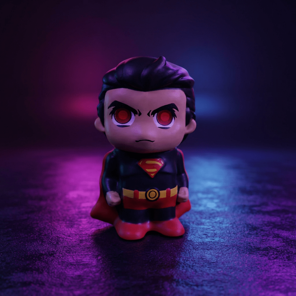 Caped Comic Hero Character Herb Grinder – Novelty Metal GrinderA stylized Superman collectible figure with a dark purple and red costume, standing on a reflective surface under dramatic purple and blue lighting.