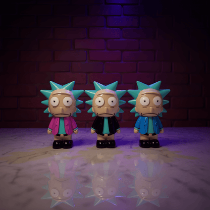 Cartoon Rick Herb Grinder, Three funny weed grinder with different colored jackets against a brick wall background.