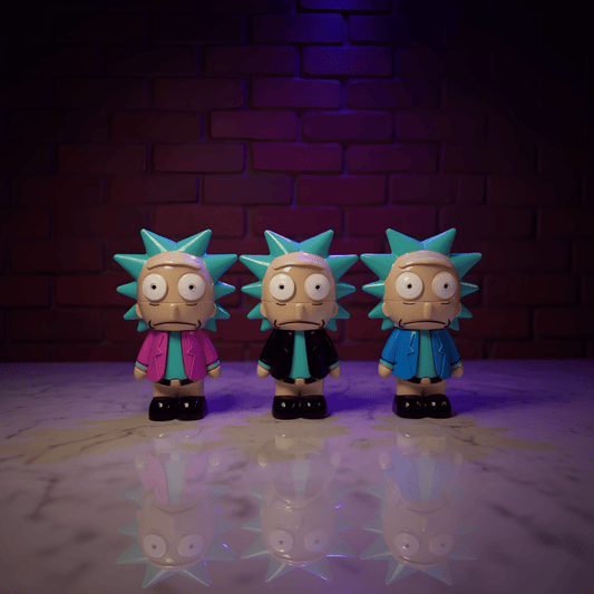 Cartoon Rick Herb GrinderThree cartoon rick grinder with different colored jackets against a brick wall background.