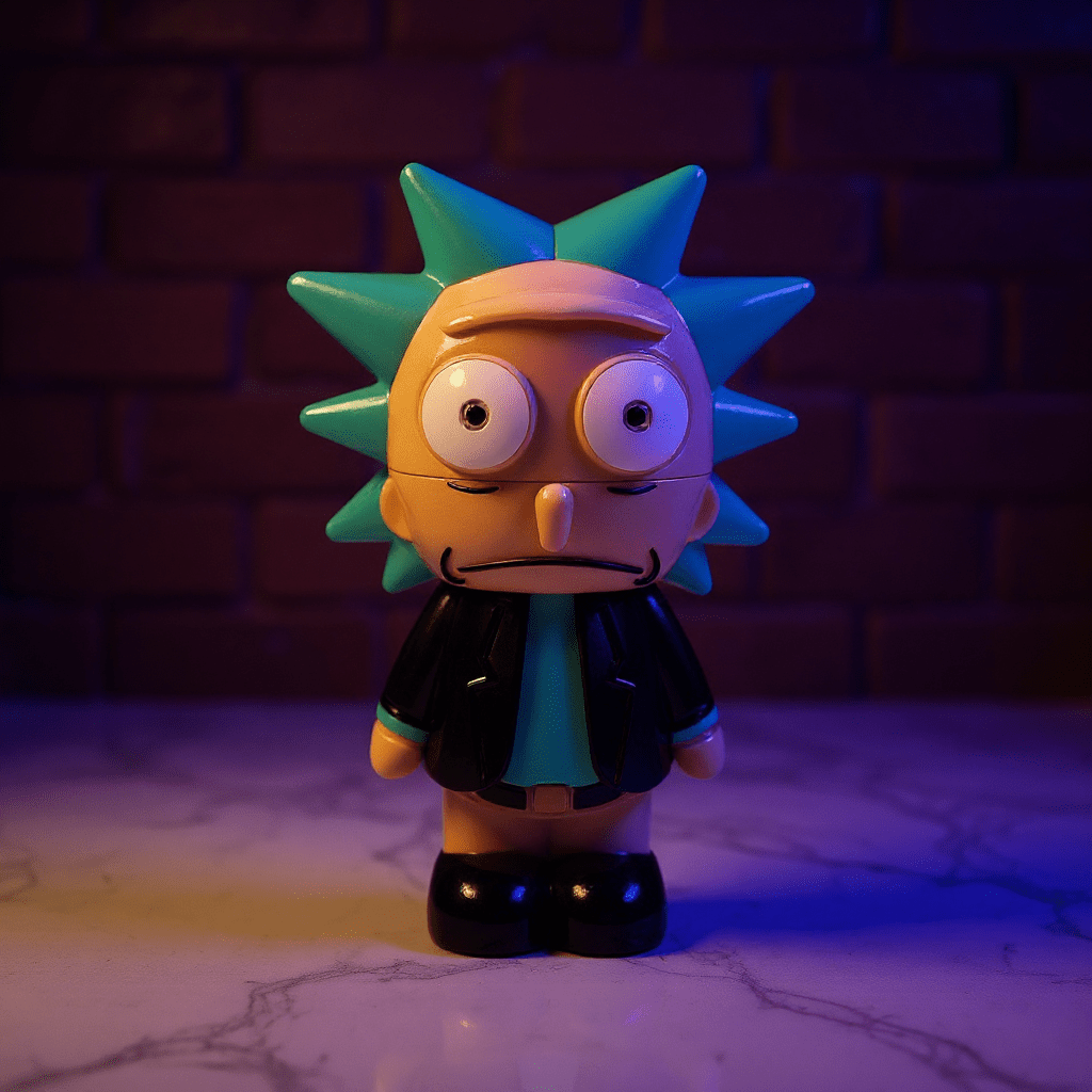 Cartoon Rick Herb Grinder - rick tobacco grinder with spiky hair against a brick wall background
