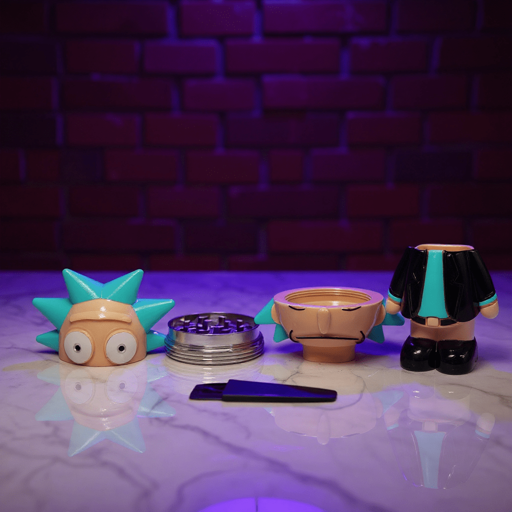 Cartoon Rick Herb Grinder the set of black rick and morty herb grinder is placed on a reflective surface