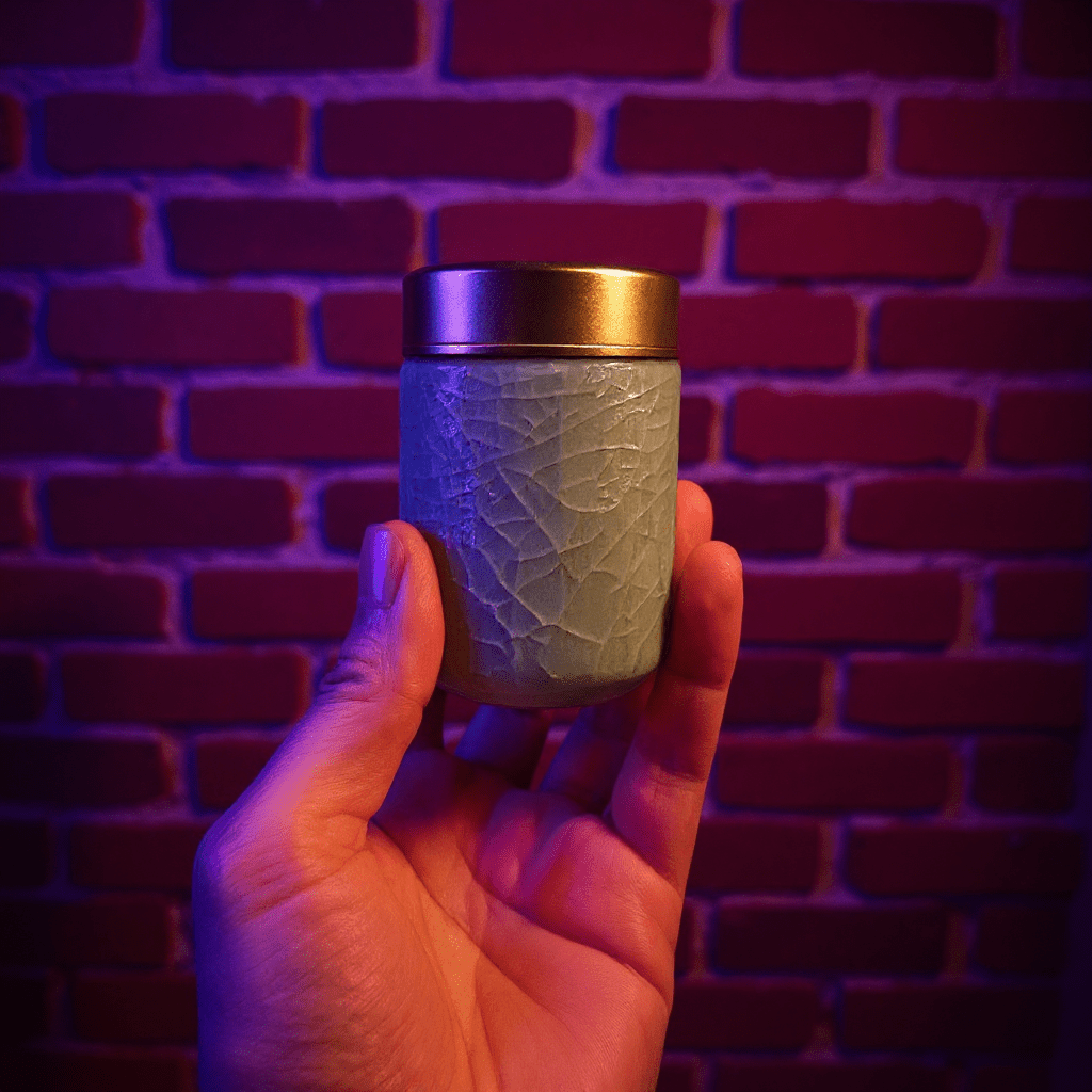 Celadon Porcelain Stash Jar – Light Green Ceramic Herb Storage ContainerHand holding a celadon porcelain container against a brick wall background