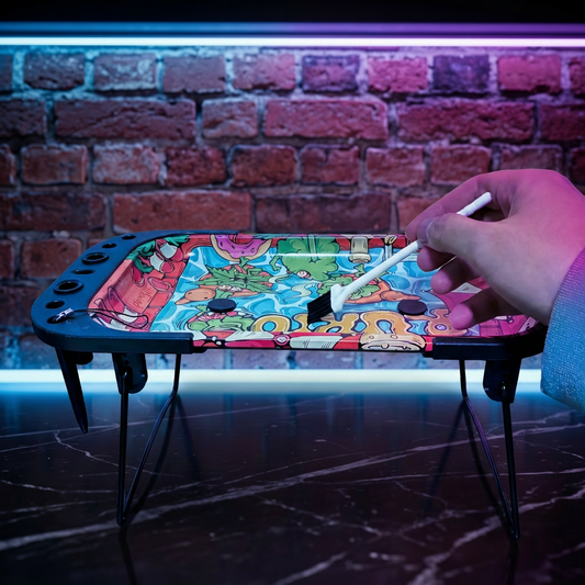 Chill Pool Party Elevated Rolling Tray Station – Trippy Cartoon Prep TableHand playing a small smoking rolling tray with colorful design against a brick wall.