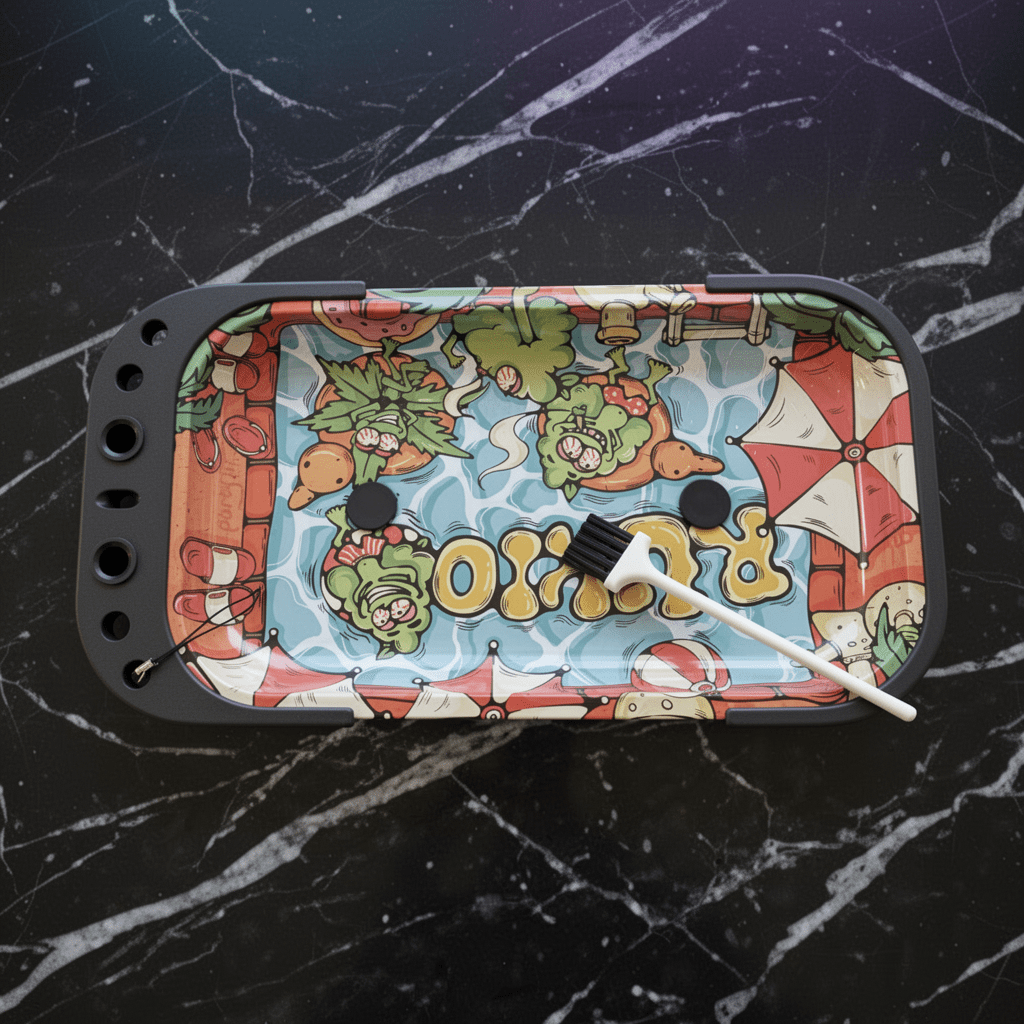 Chill Pool Party Elevated Rolling Tray Station – Trippy Cartoon Prep TableColorful smoking rolling tray with cartoon design on a black marble