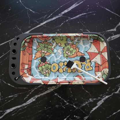 Chill Pool Party Elevated Rolling Tray Station – Trippy Cartoon Prep TableColorful smoking rolling tray with cartoon design on a black marble