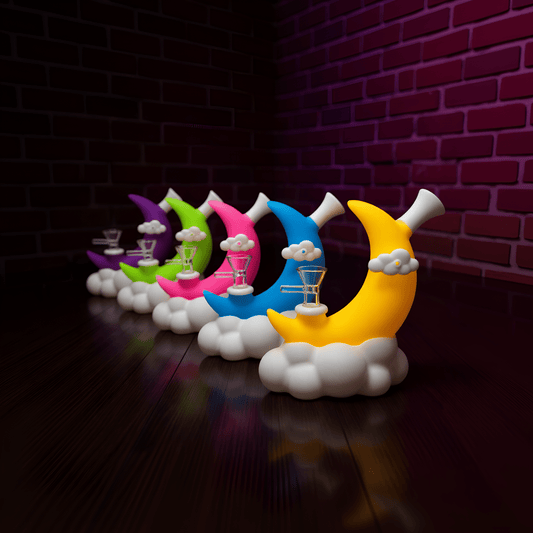 ☁️ CloudBreaker Water Pipe | Bongs - shaped bongs set in yellow, pink, blue, and green with white cloud base and smoke glass