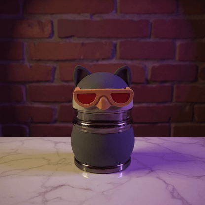 Cool Cat Herb Grinder – 4 - Layer Herb & Spice CrusherCool Cat Grinder – 4 Layer Herb Spice Crusher，Gray cat herb grinder with orange sunglasses – stylish 4 piece grinder