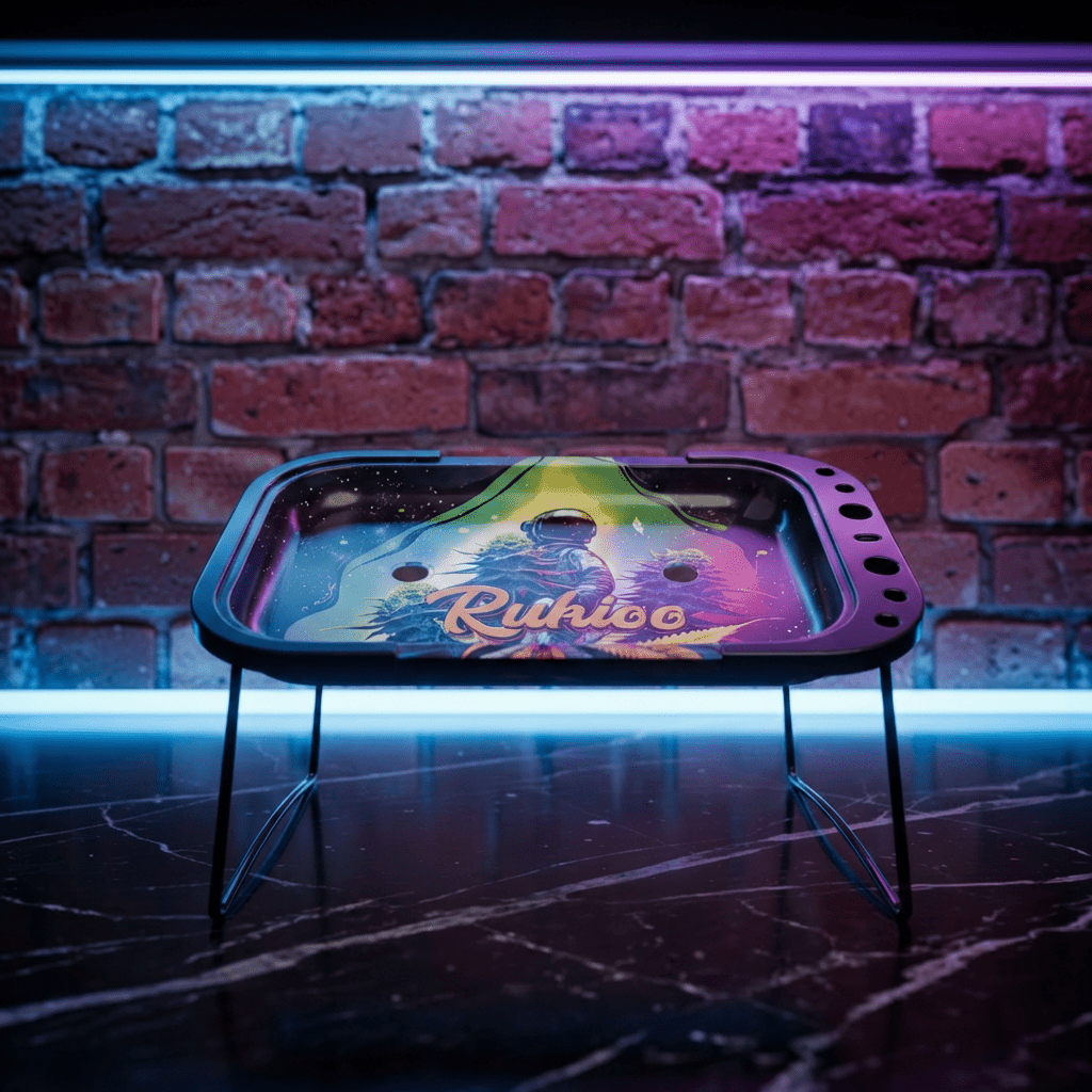 Cosmic Astronaut Elevated Rolling Tray Station – Galaxy Mini Prep TableColorful rolling tray with 'Rukus' branding on a stand against a brick wall.