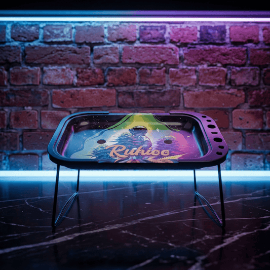 Cosmic Astronaut Elevated Rolling Tray Station – Galaxy Mini Prep TableColorful rolling tray with 'Rukus' branding on a stand against a brick wall.