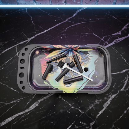 Cosmic Astronaut Elevated Rolling Tray Station – Galaxy Mini Prep TableSmall tray with colorful design on a black marble surface