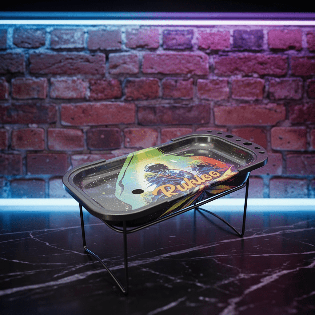 Cosmic Astronaut Elevated Rolling Tray Station – Galaxy Mini Prep Tablesmoking rolling tray with colorful design on a stand against a brick wall background
