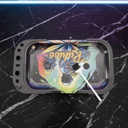 Cosmic Astronaut Elevated Rolling Tray Station – Galaxy Mini Prep TableColorful smoking tray with 'Rooibos' branding on a black marble surface