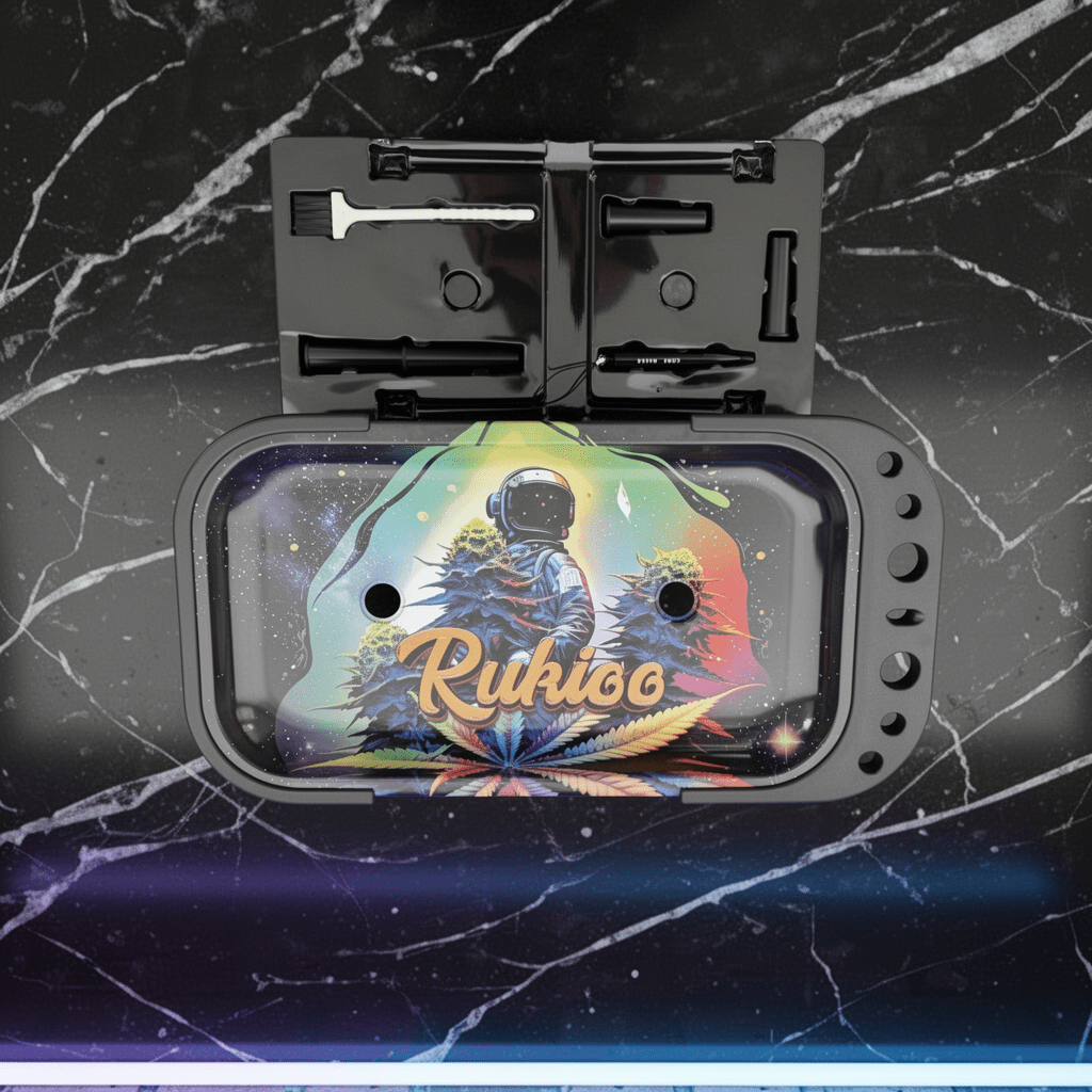 Cosmic Astronaut Elevated Rolling Tray Station – Galaxy Mini Prep Tablerolling tray with a colorful design and 'Ruhico' branding on a marble background