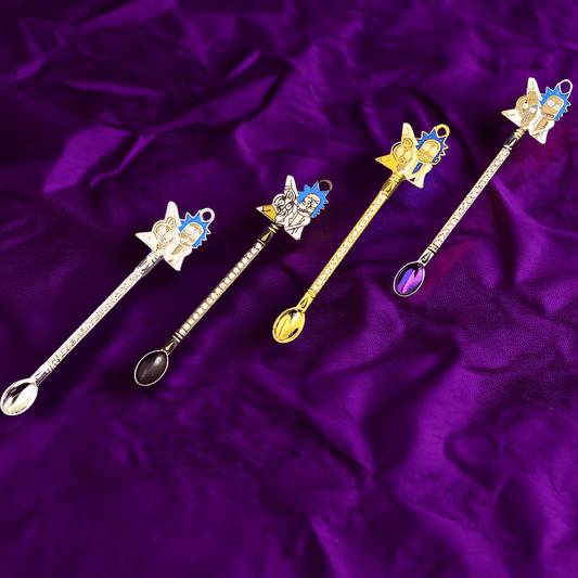 Cosmic Duo Mini Spoon Set with gemstone scoops and enamel star - head characters – 90mm spoons for herbs, spices, and tobacco