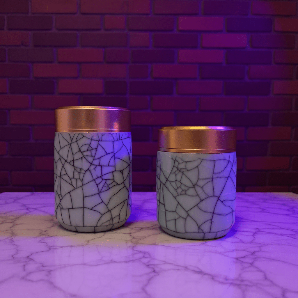 Crackled Blue - Green Celadon Porcelain Stash JarTwo crackled celadon porcelain jars with gold lids on a marble surface