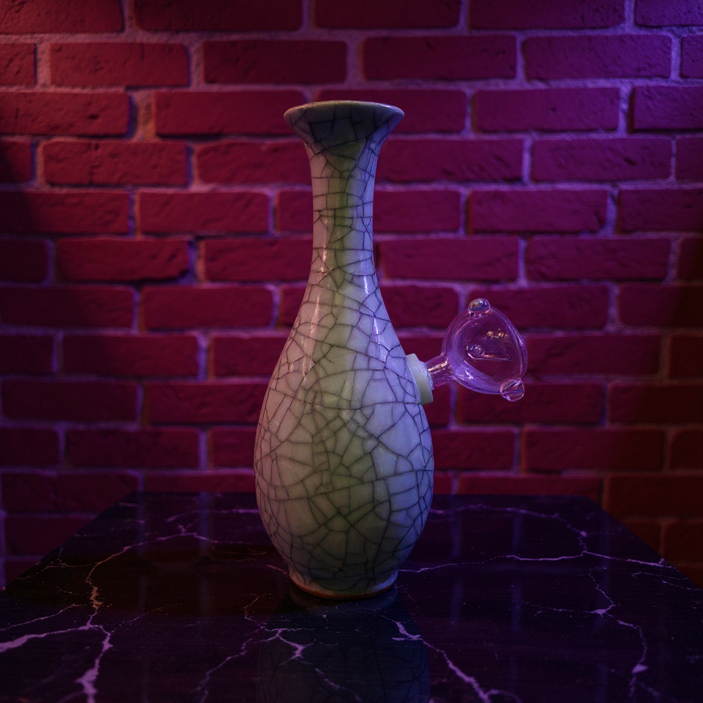 Decorative porcelain bong with cracked glass design on a dark surface