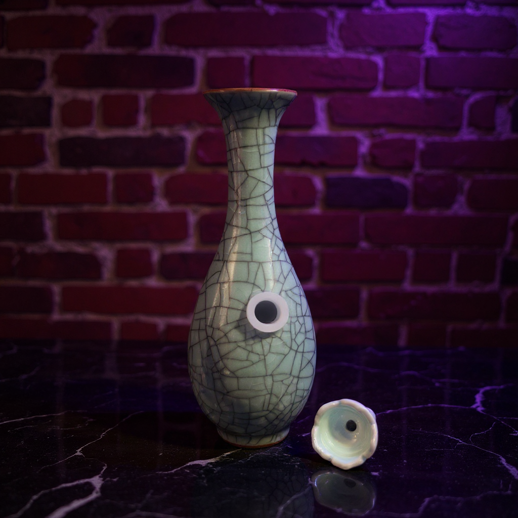 Ceramic bong with a ceramic bowl are placed on a reflective surface against a brick wall background