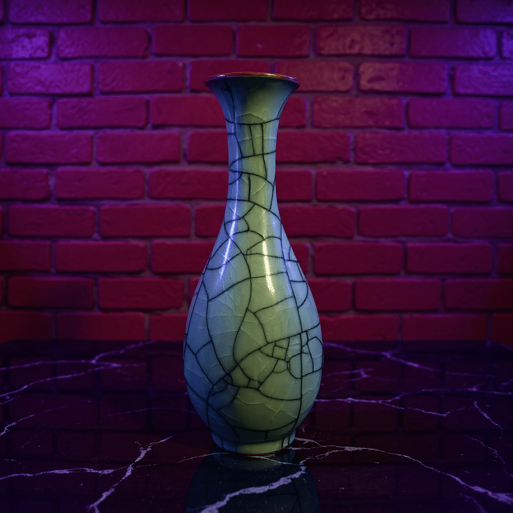 Crackled Light Green Celadon Porcelain Bong – Elegant Ceramic BongDecorative ceramic bong with a cracked pattern against a brick wall