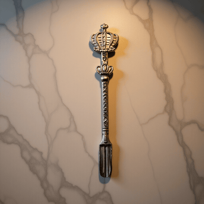 Crown Snuff Spoon with Rhinestones - Decorative silver spoon with a crown design on a marble surface