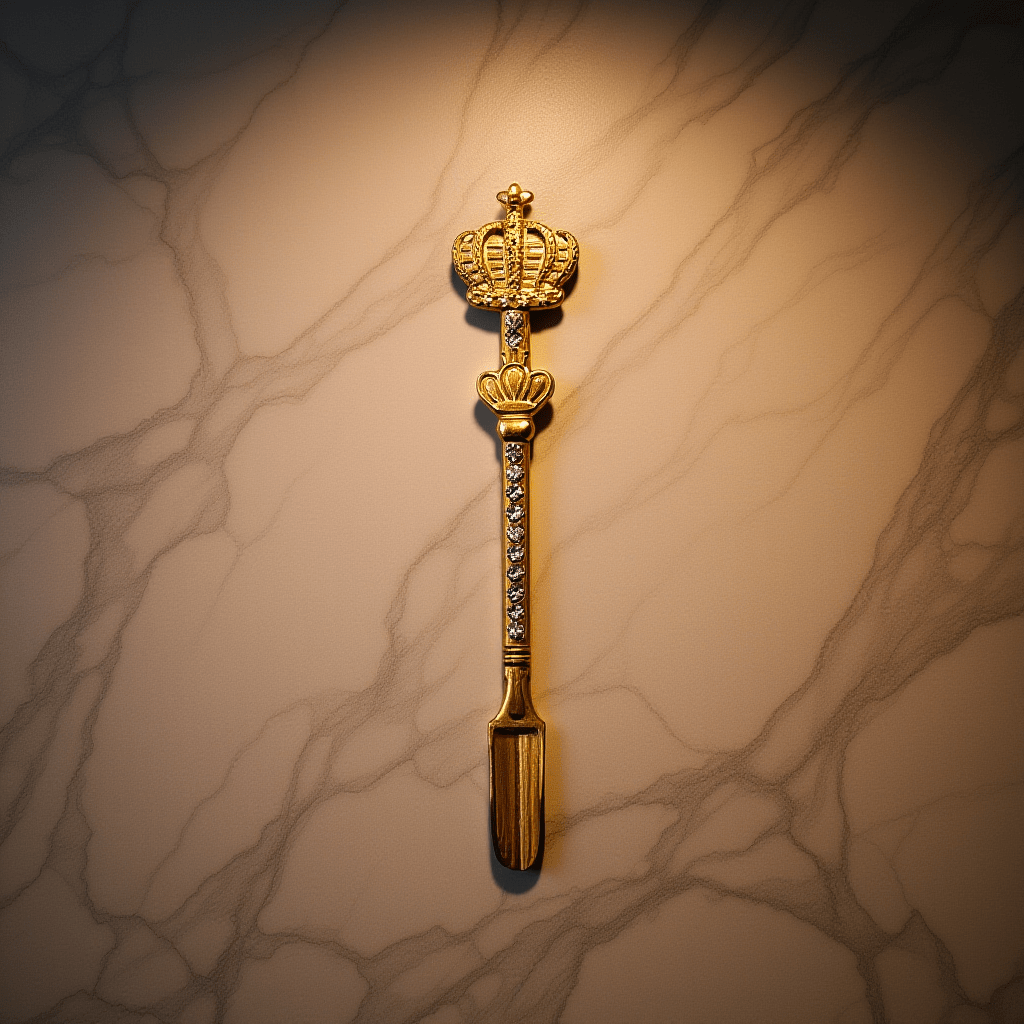 Crown Snuff Spoon with Rhinestones – Decorative gold spoon with a crown design on a marble background