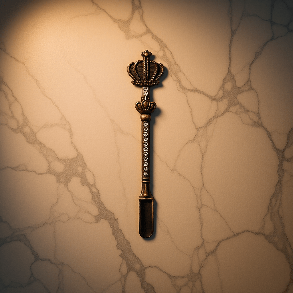 Crown Snuff Spoon with Rhinestones – Decorative spoon with a crown design on a marble background