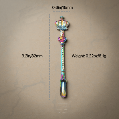 Crown Snuff Spoon with Rhinestones – Colorful decorative object with measurements on a beige background