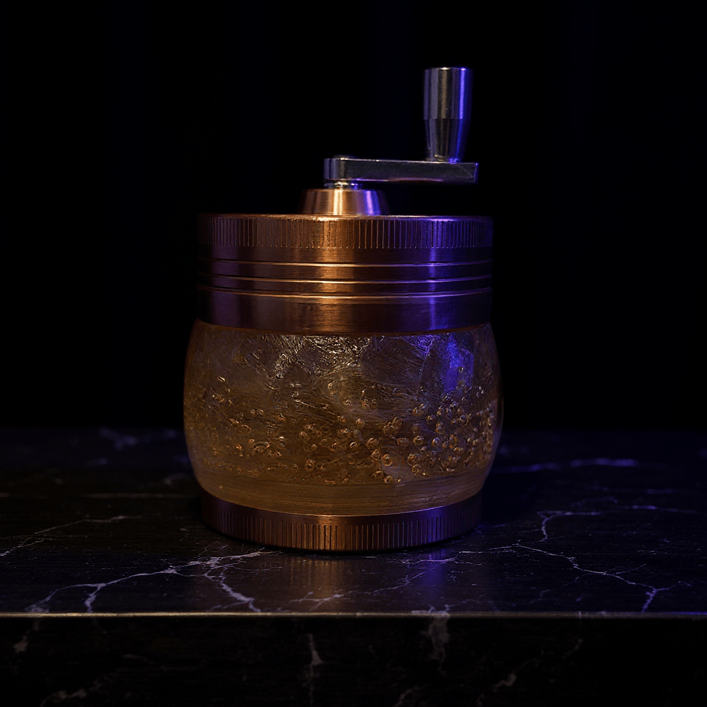 Crystal Hand Crank Herb Grinder - Golden amber grinder with glossy finish and metallic top on nightstand.
