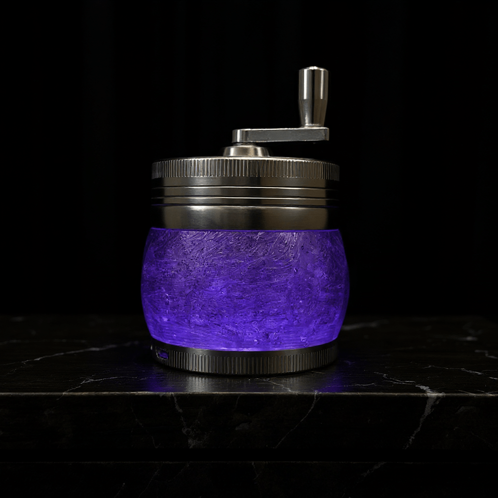 Crystal Hand Crank Herb Grinder - themed photo of a deep purple grinder with a smooth metallic finish.